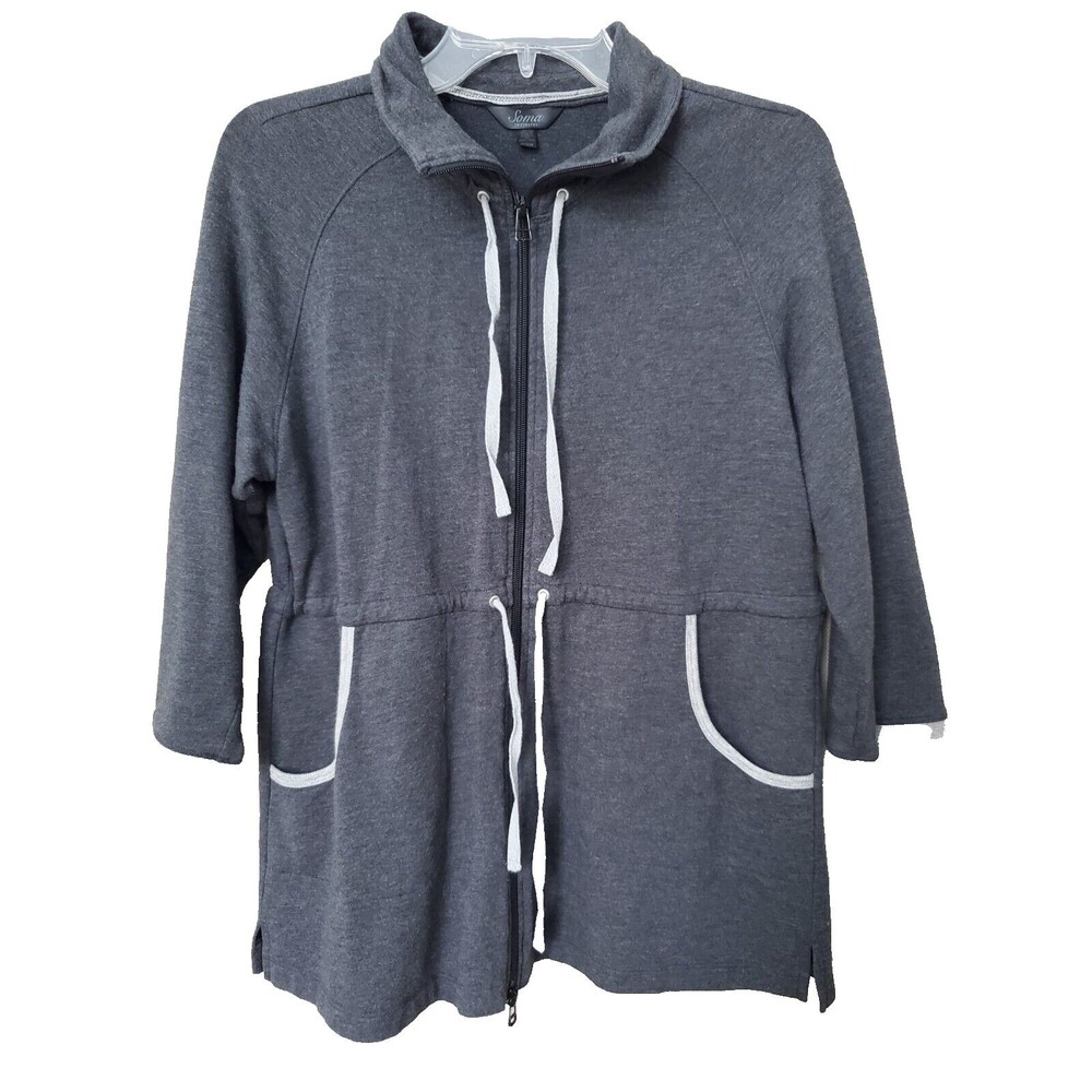Soma Intimates Gray Full Zip 3/4 Sleeve Knit Sweat Jacket with Pockets Size Med